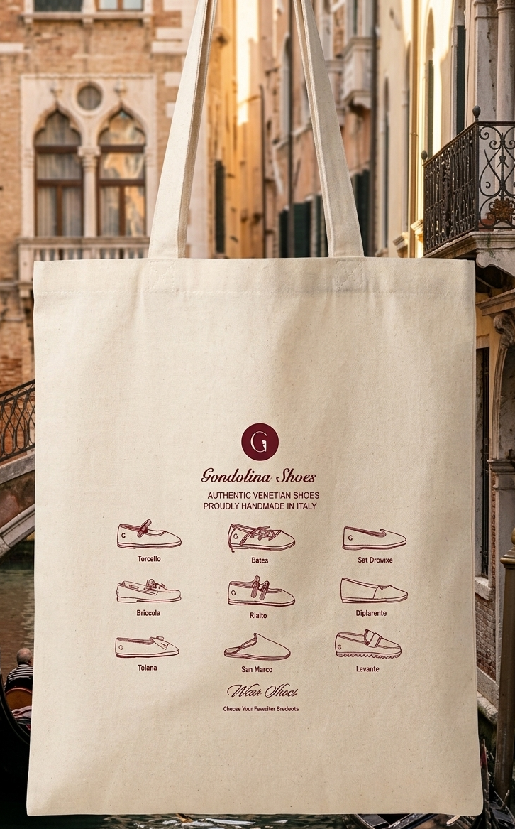 A cream canvas tote bag with printed shoe illustrations and the text 'Gondolina Shoes' hanging over a Venice canal scene 