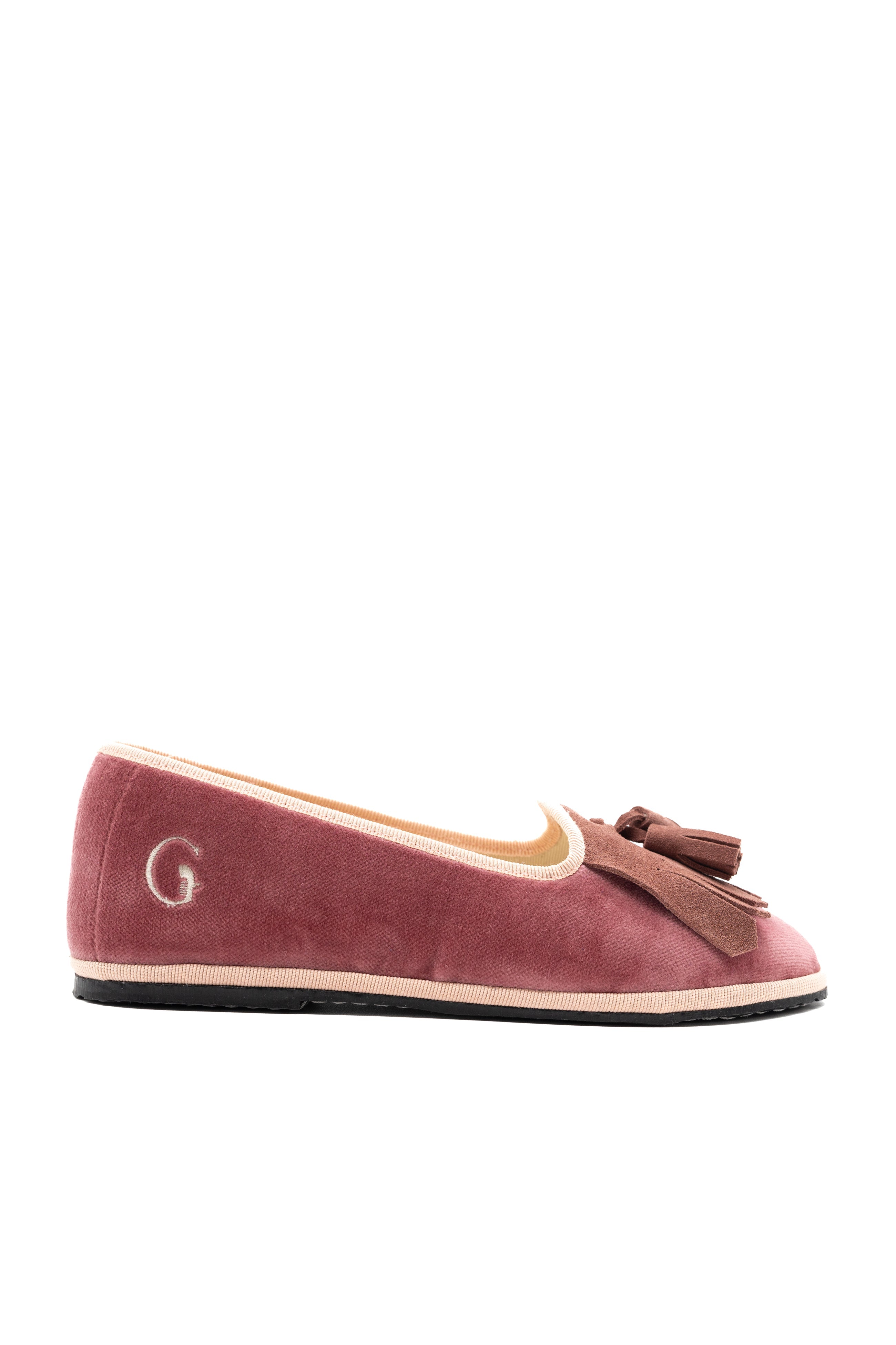 Handcrafted Gondolina Faloria Fringe Tassel Flats in pink velvet, featuring authentic Venetian design, side view