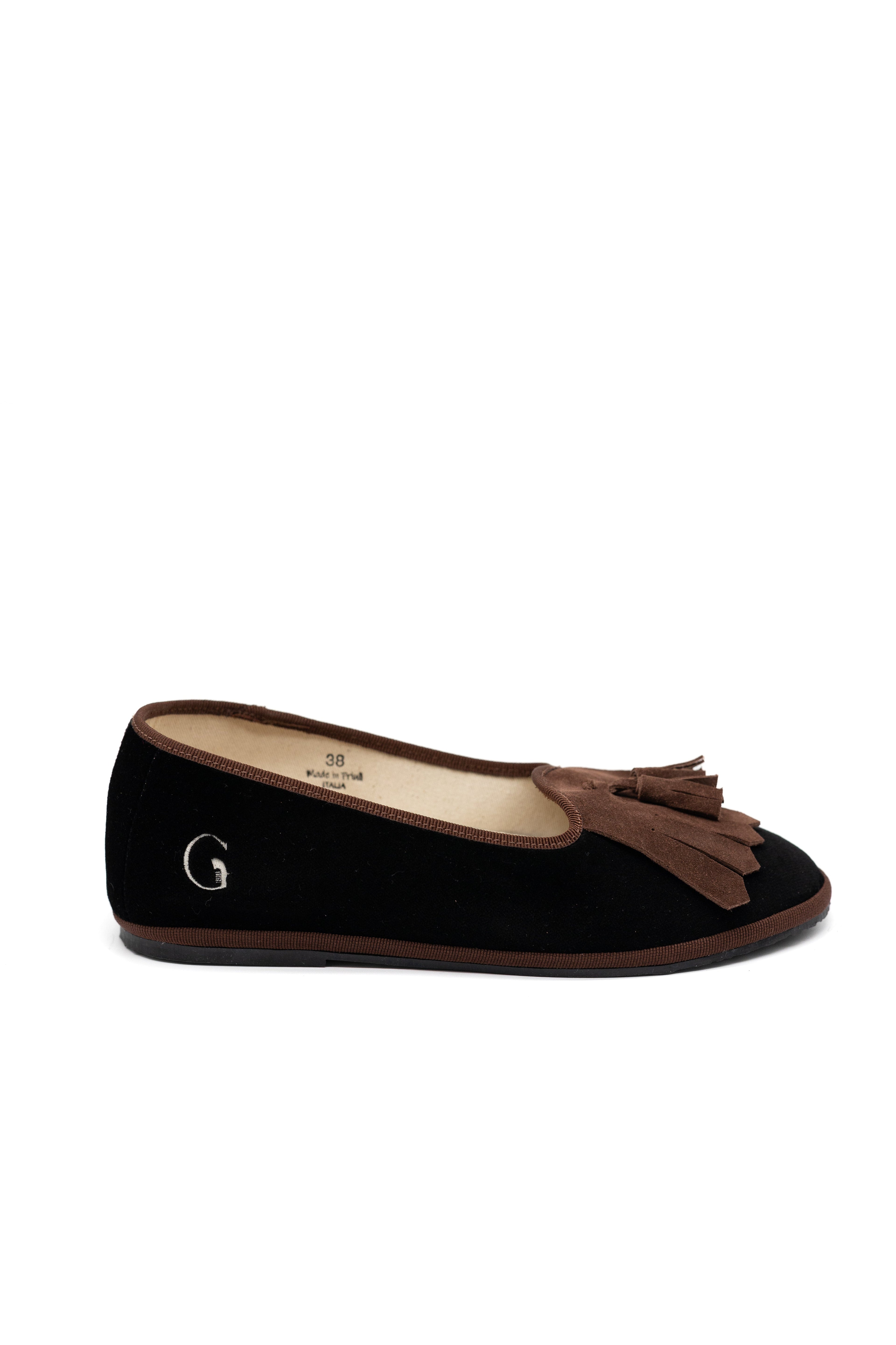 Handcrafted Gondolina Falzarego fringe tassel flats for women in black velvet, featuring authentic Venetian design, side view
