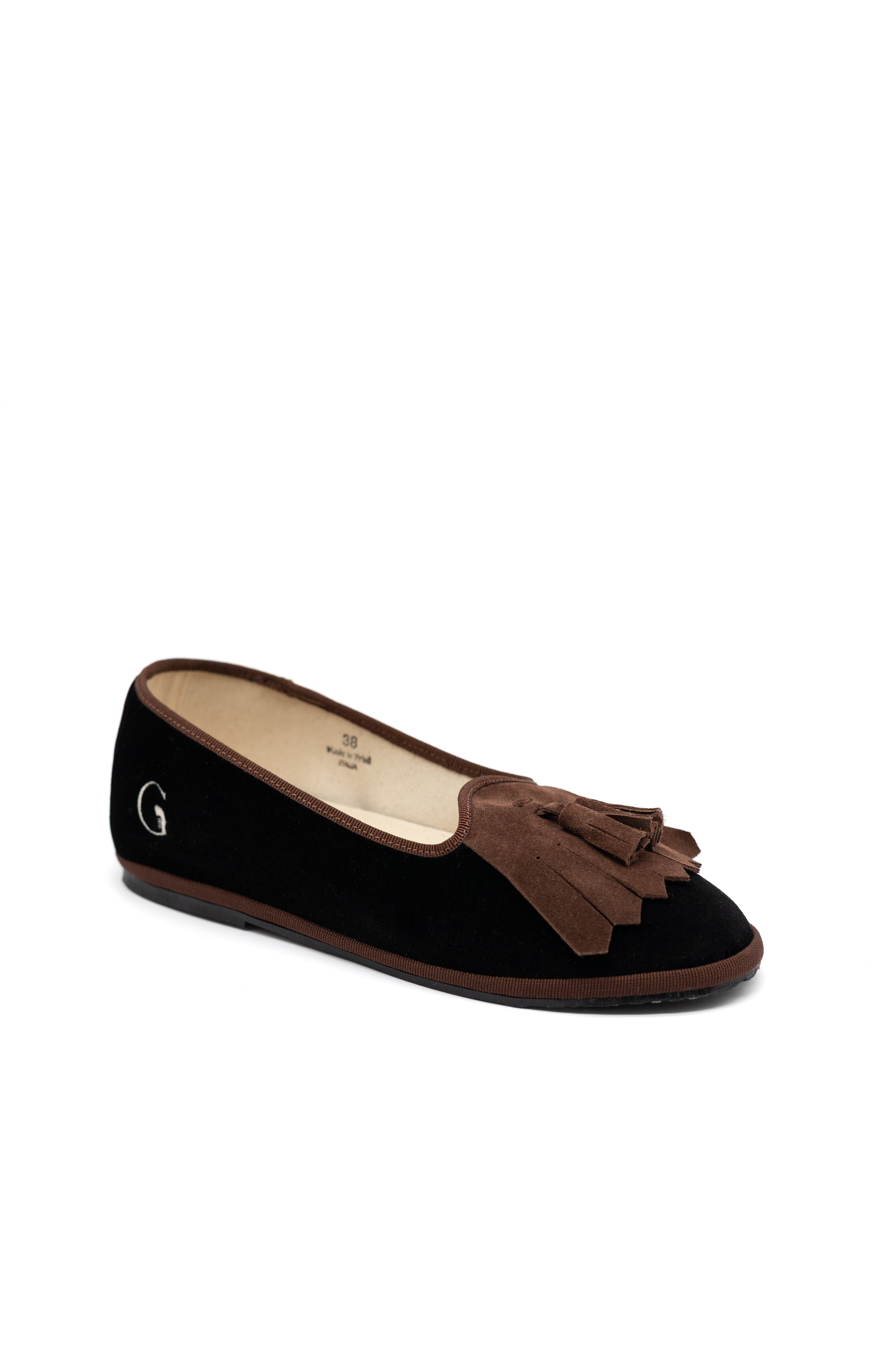 Handcrafted Gondolina Falzarego fringe tassel flats for women in black velvet, featuring authentic Venetian design, angled view