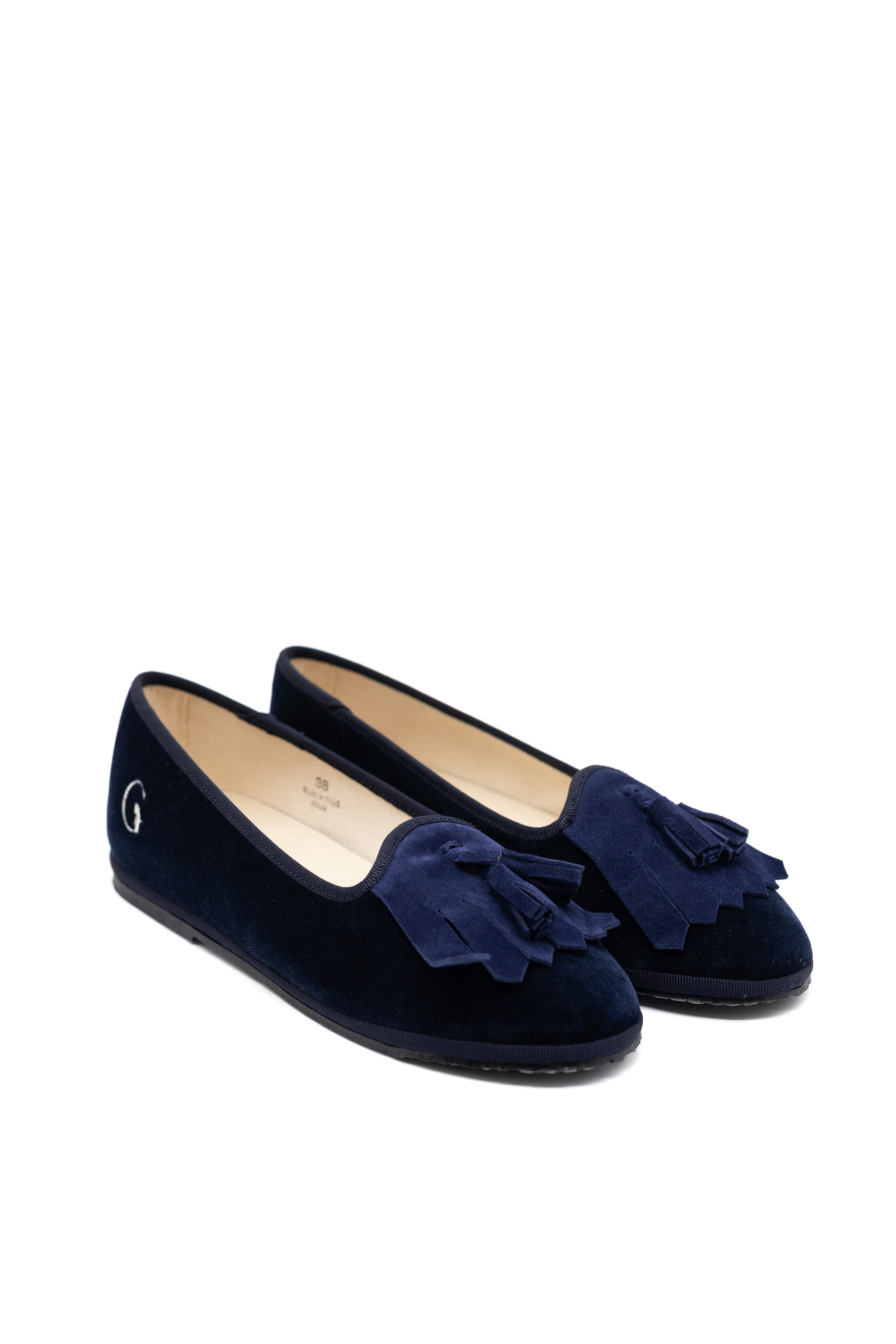 Handcrafted Gondolina Lagazuoi fringe tassel flats in blue velvet for women, featuring authentic Venetian design, close-up