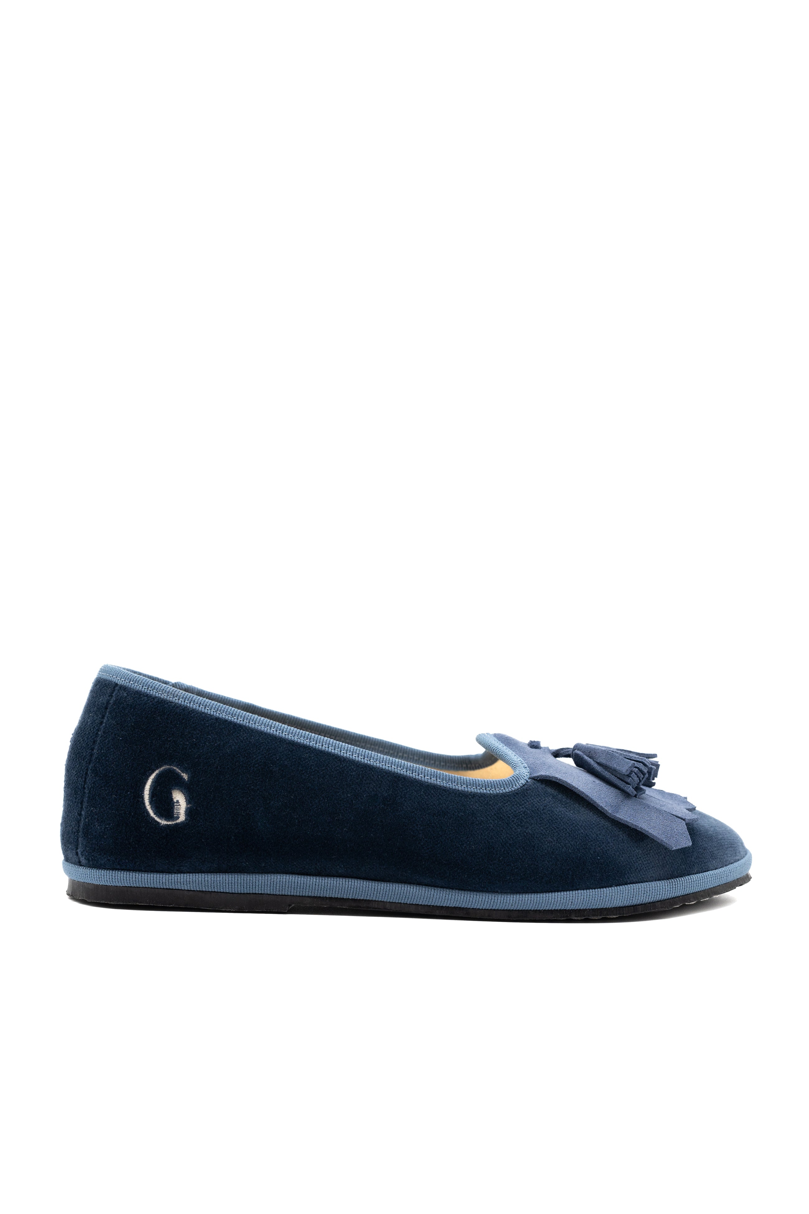 Handcrafted Gondolina Monte Cristallo fringe tassel flats in light blue velvet, featuring authentic Venetian design, side view