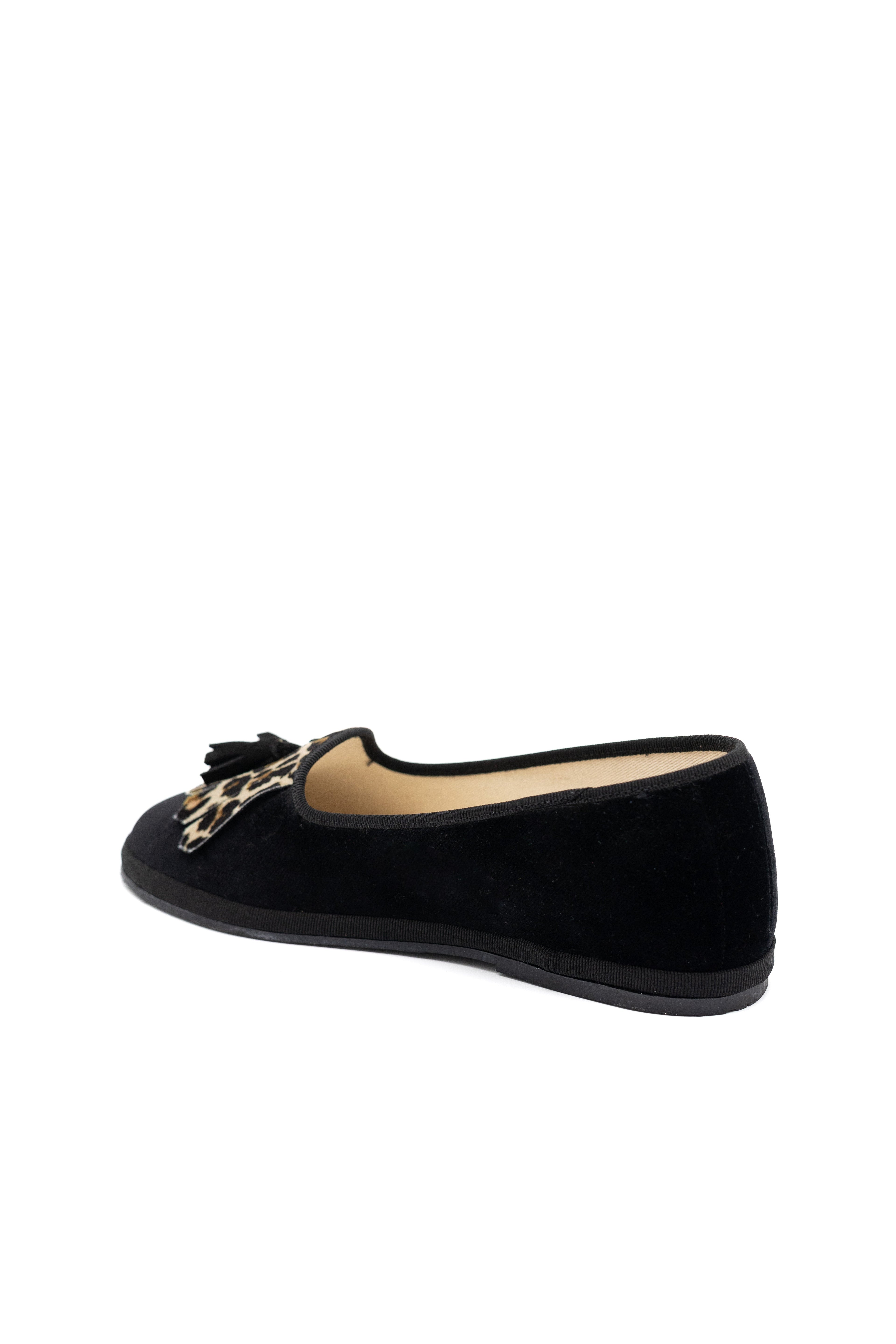 Handcrafted Gondolina Olympia tassel flats in black and leopard fringe in velvet for women, featuring authentic Venetian design, back view