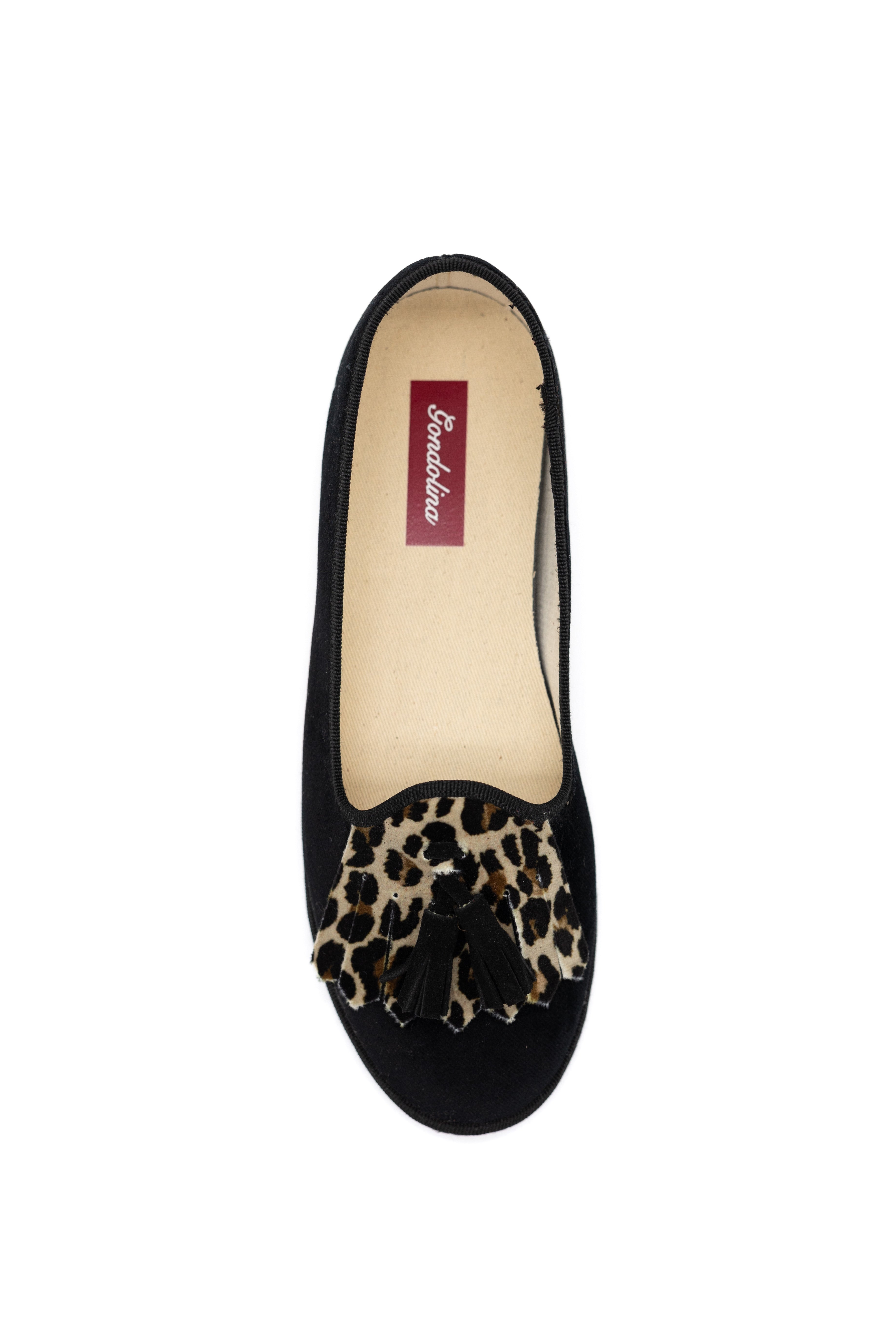Handcrafted Gondolina Olympia tassel flats in black and leopard fringe in velvet for women, featuring authentic Venetian design, top view