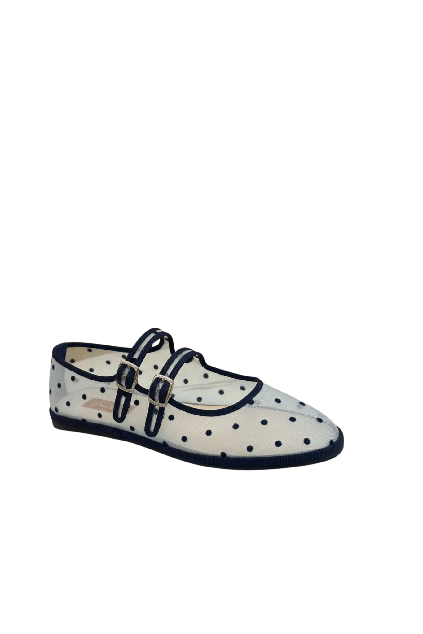 Made in Italy Gondolina mesh Mary Jane shoes in blue and white polka dots, angled view