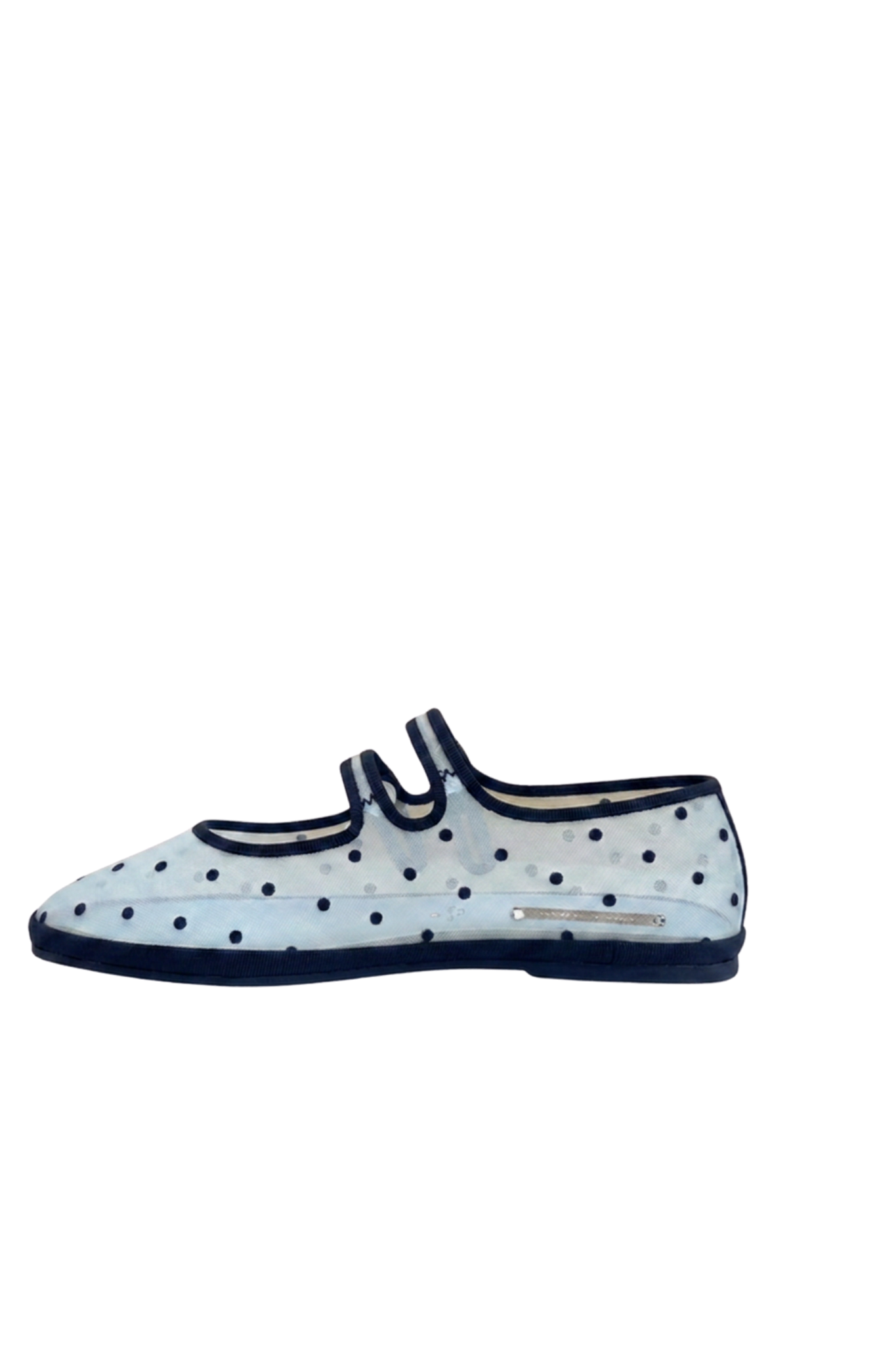 Made in Italy Gondolina mesh Mary Jane shoes in blue and white polka dots, side view