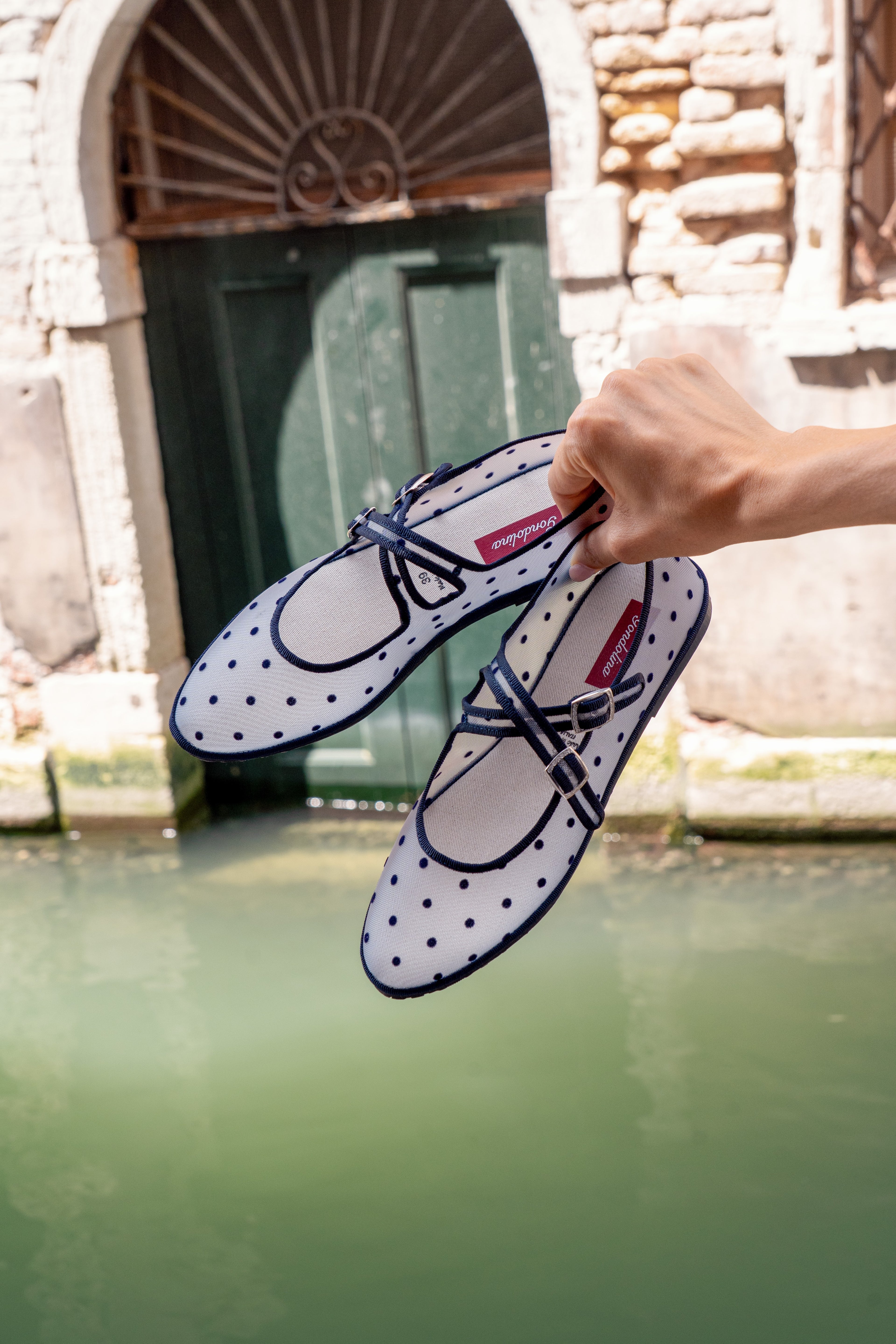 Made in Italy Gondolina mesh Mary Jane shoes in blue and white polka dots, lifestyle
