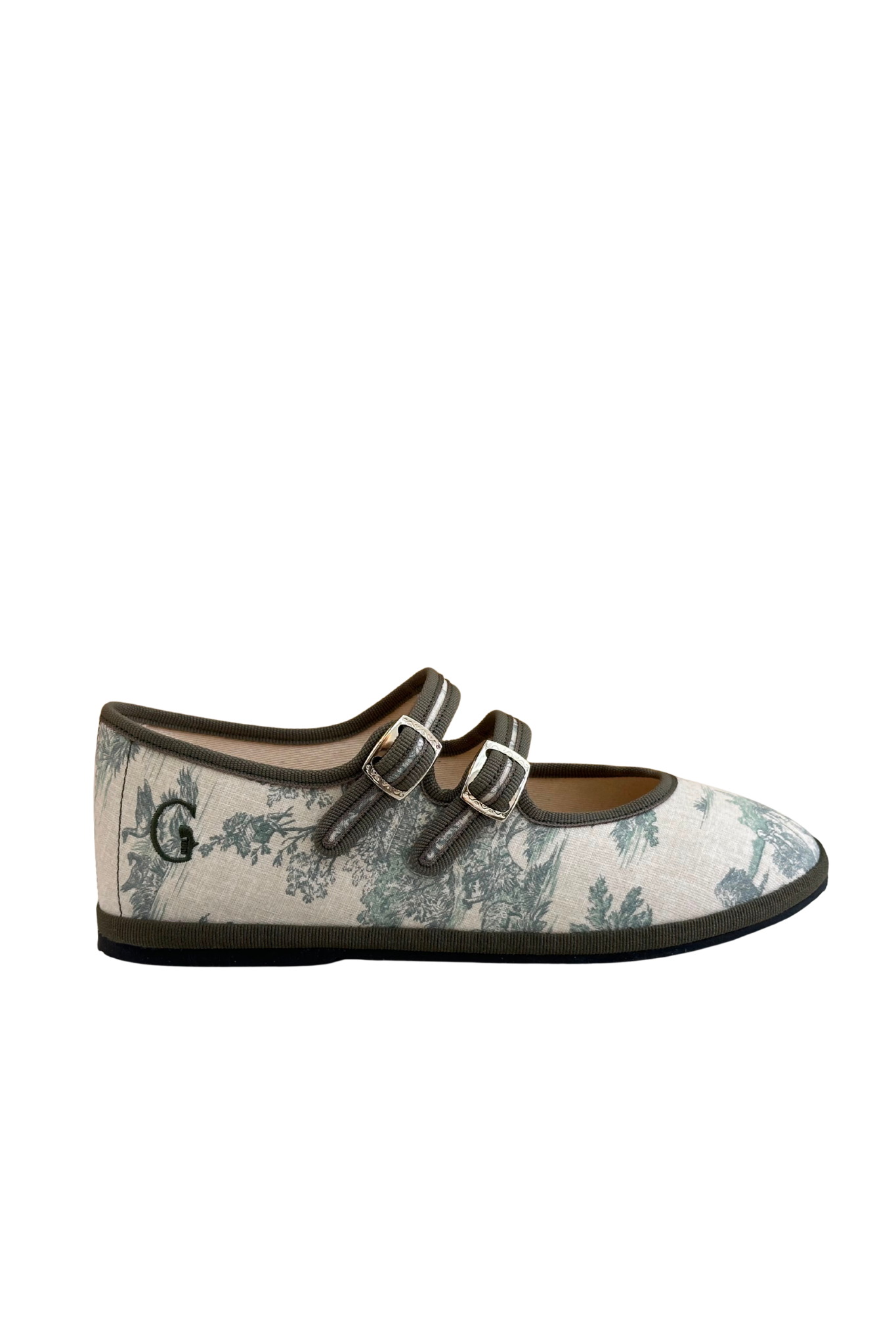 Made in Italy Gondolina Toule de Jouy Mary Jane shoes in green white cotton, main view