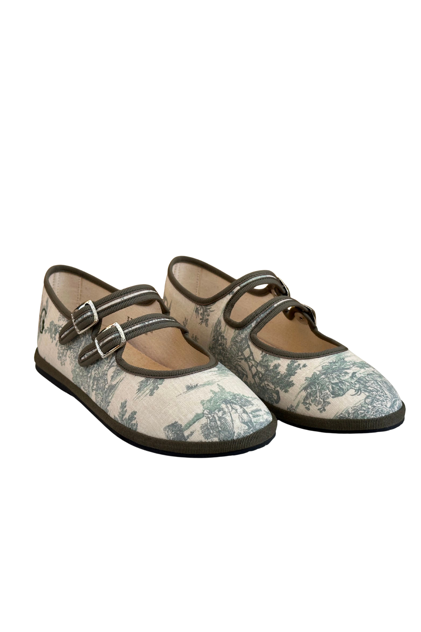 Made in Italy Gondolina Toule de Jouy Mary Jane shoes in green white cotton, pair view