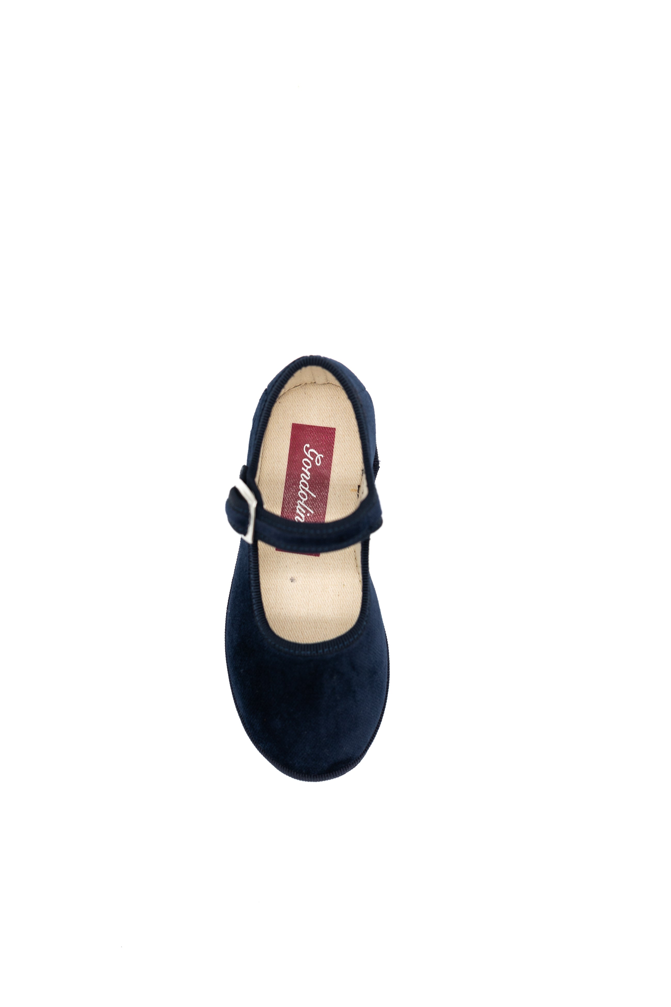 Handcrafted Gondolina Picenin Mary Jane Baby in dark blue velvet, featuring authentic Venetian design, Top view