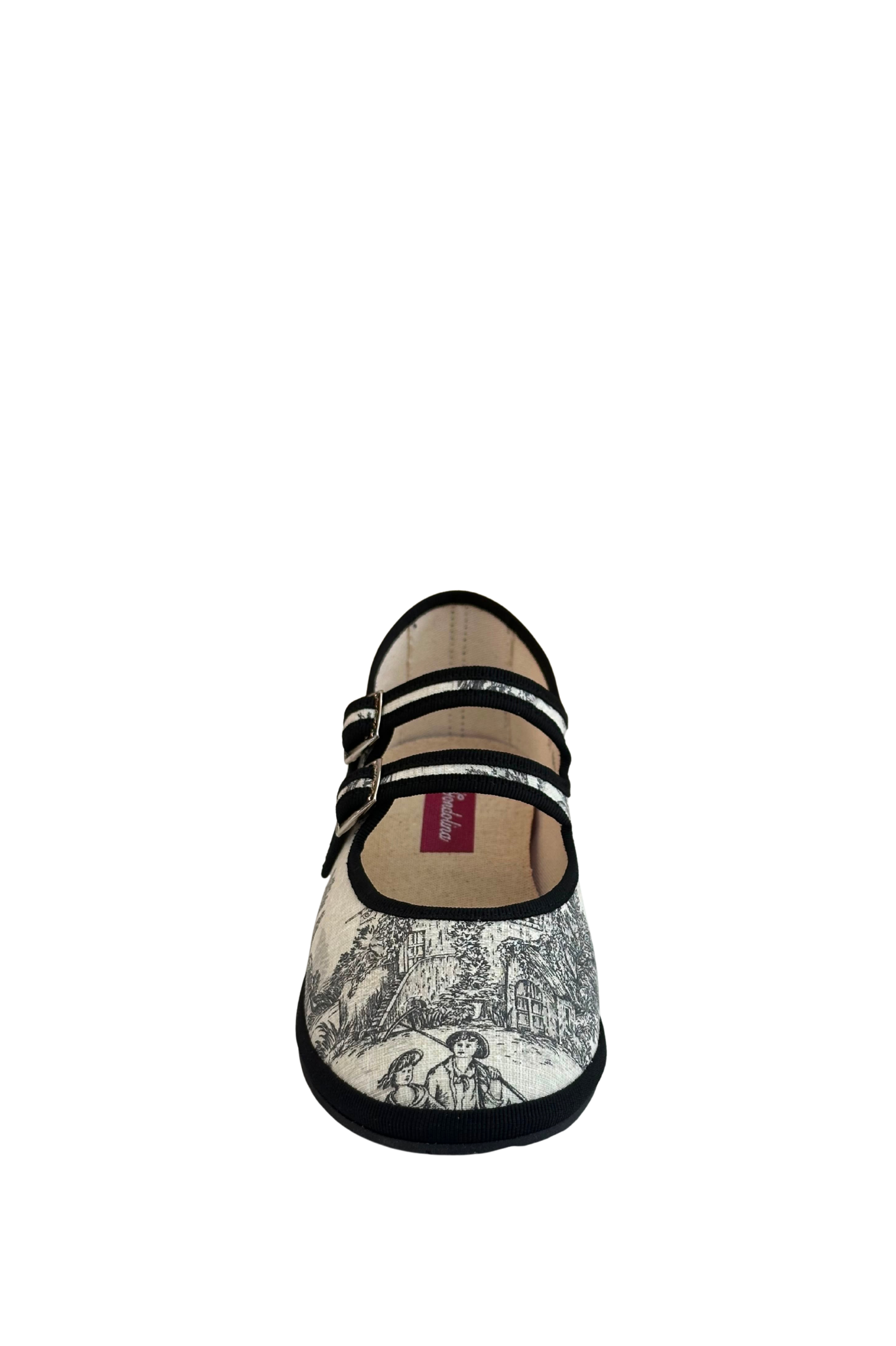 Made in Italy Gondolina Toule de Jouy Mary Jane shoes in black white cotton, front view