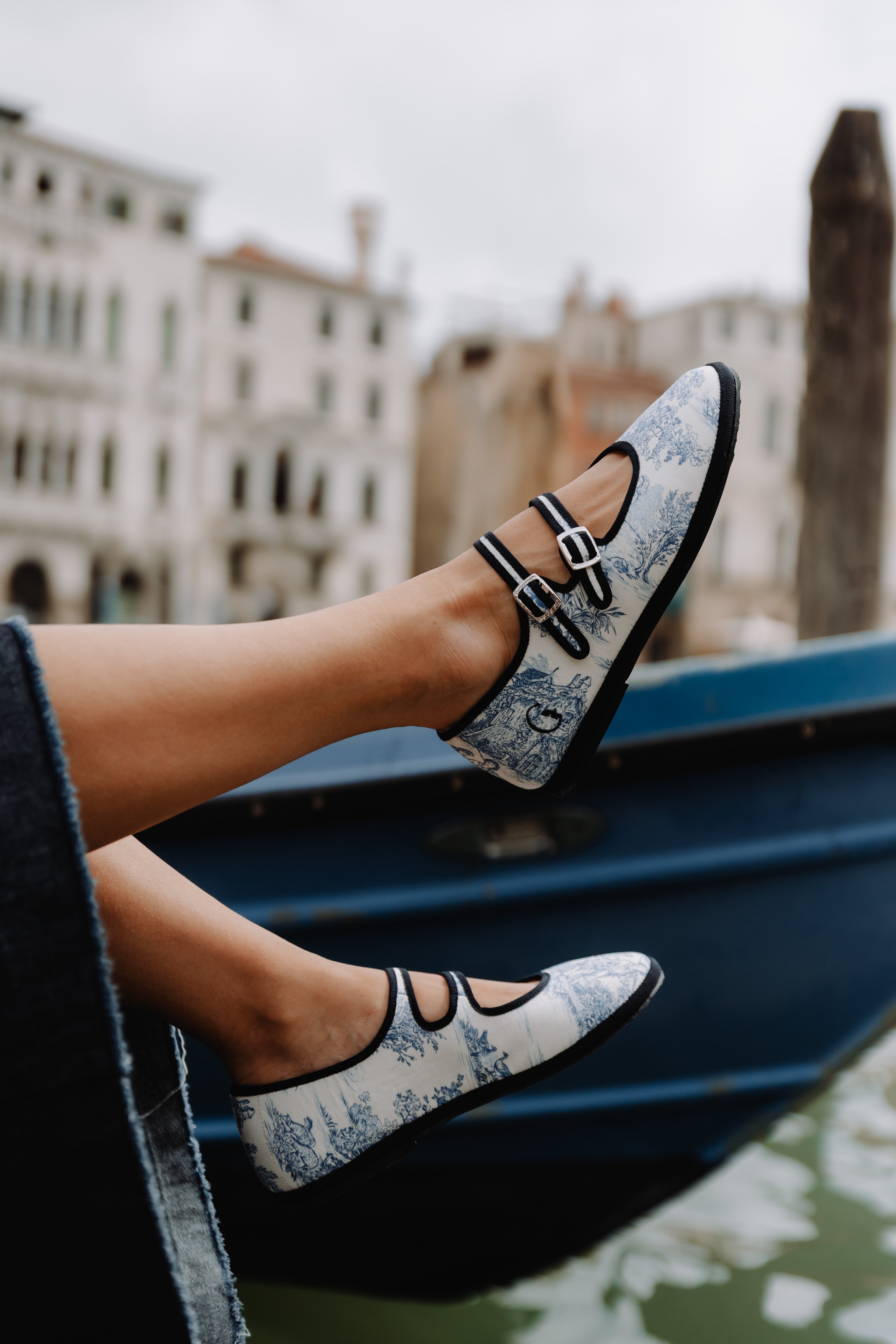 Made in Italy Gondolina Toule de Jouy Matry Jane shoes in blue white cotton, lifestyle
