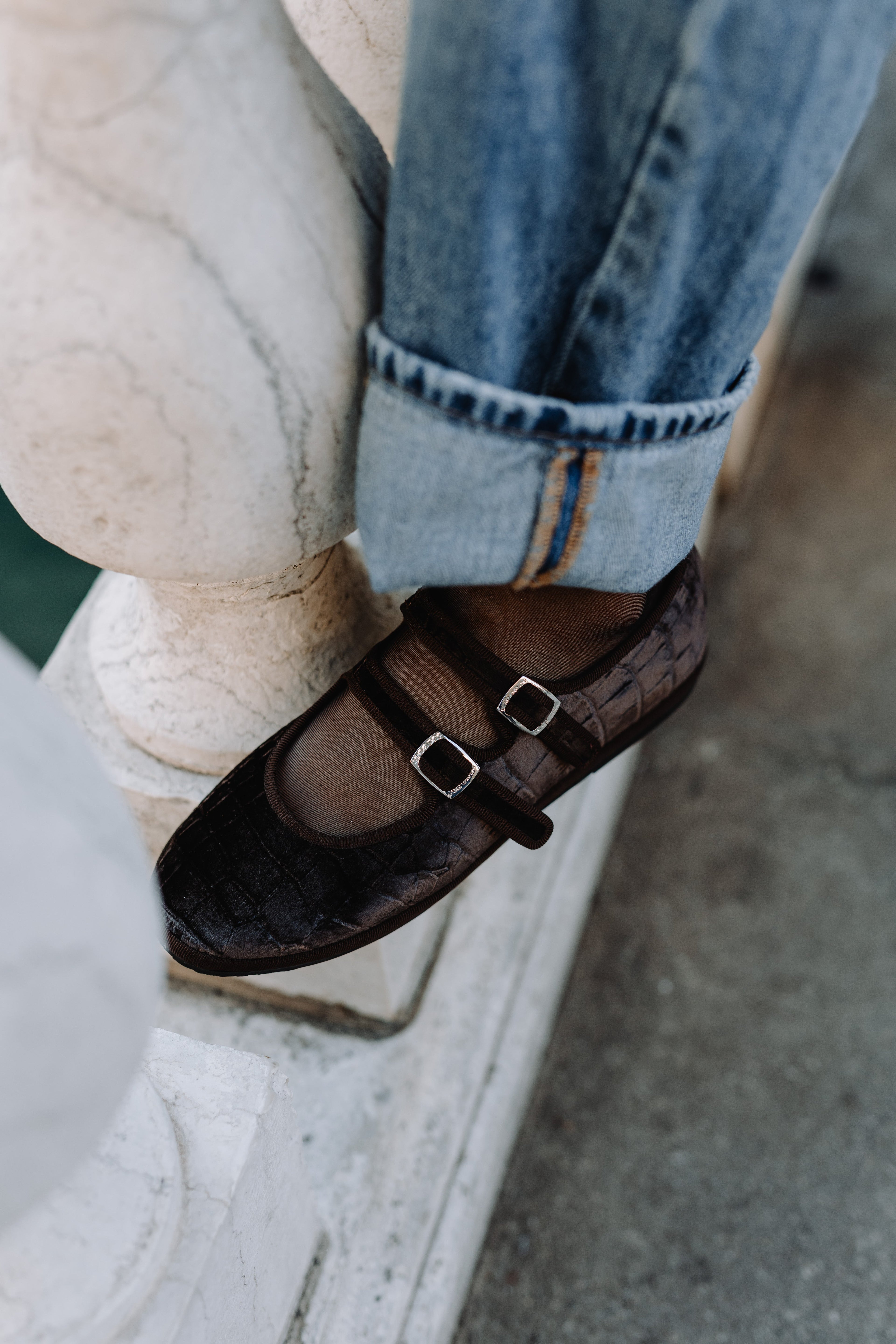 Handcrafted Gondolina Croco Mary Jane with brown crocodile effect, featuring authentic Venetian design, lifestyle