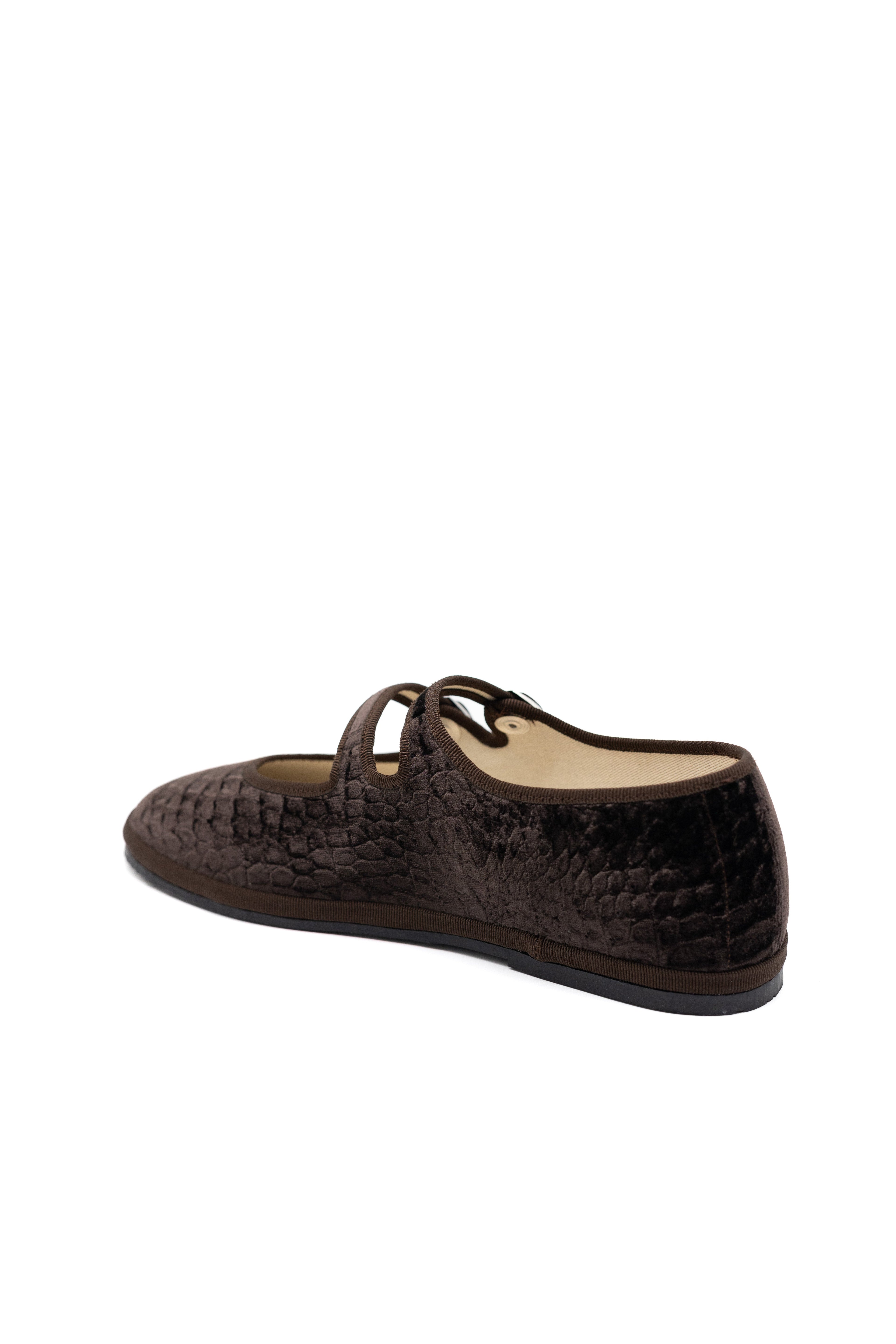 Handcrafted Gondolina Croco Mary Jane with brown crocodile effect, featuring authentic Venetian design, back view