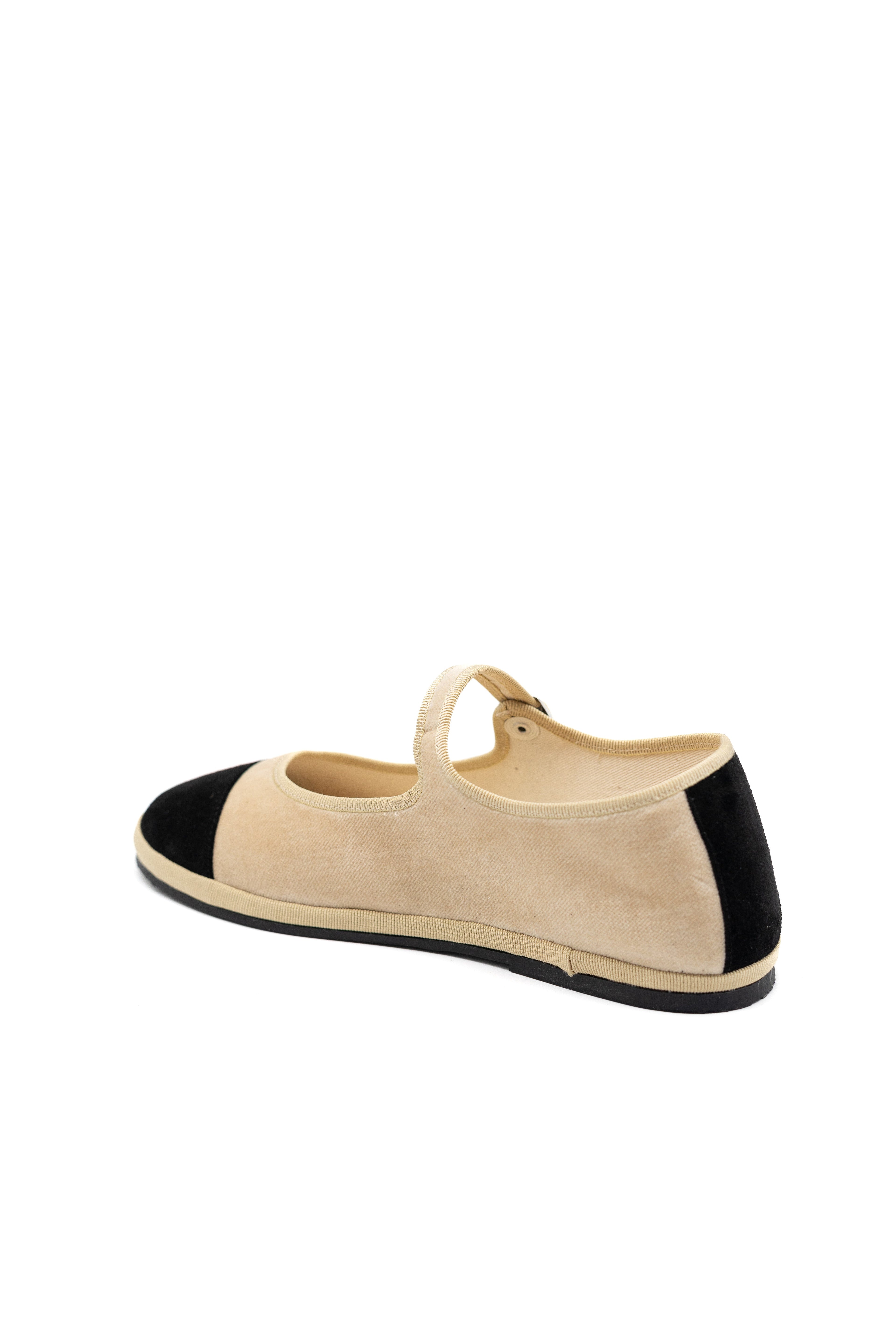 Handcrafted Gondolina Damier Mary Jane in nude velvet with toe in black suede, featuring authentic Venetian design, back view