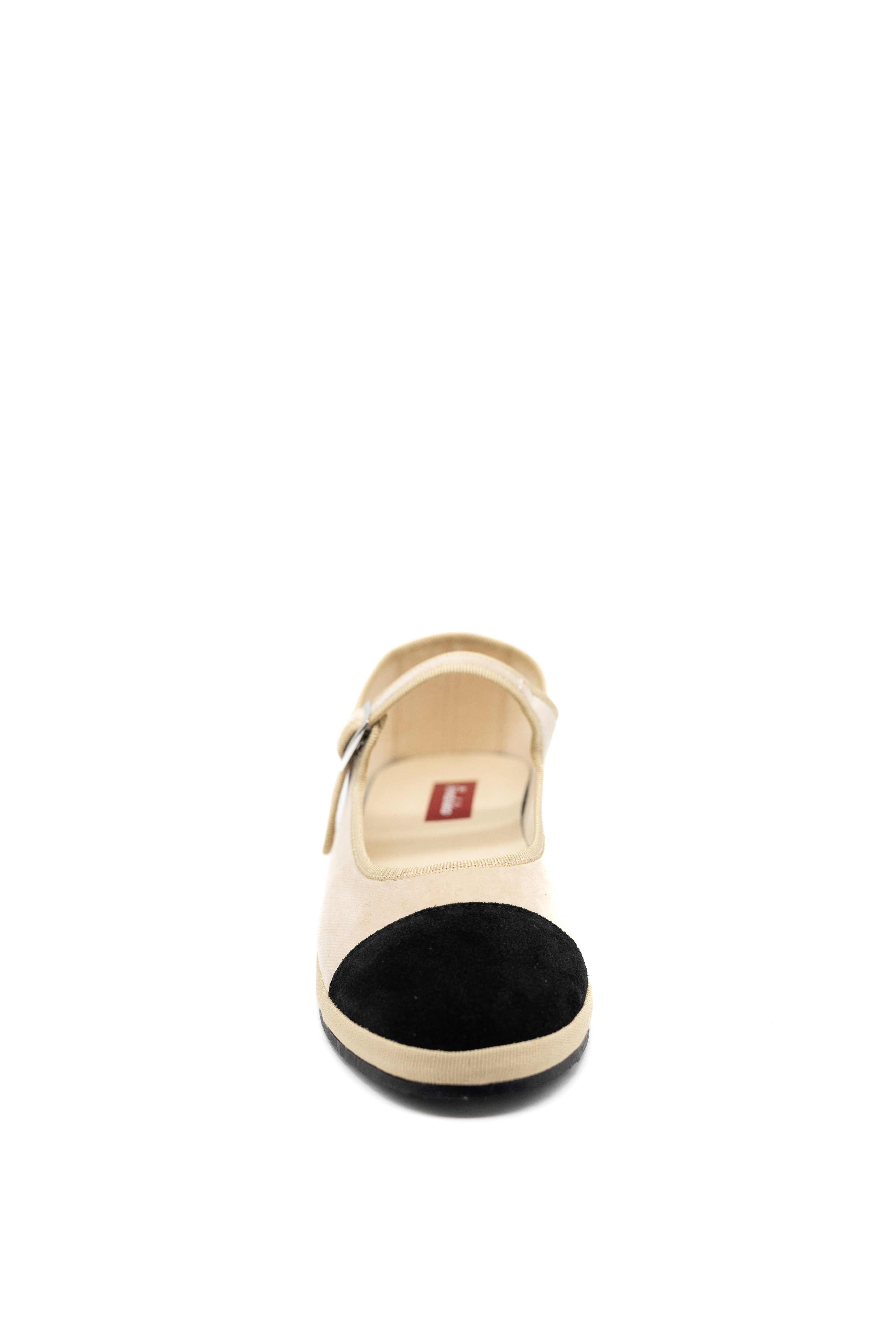 Handcrafted Gondolina Damier Mary Jane in nude velvet with toe in black suede, featuring authentic Venetian design, front view