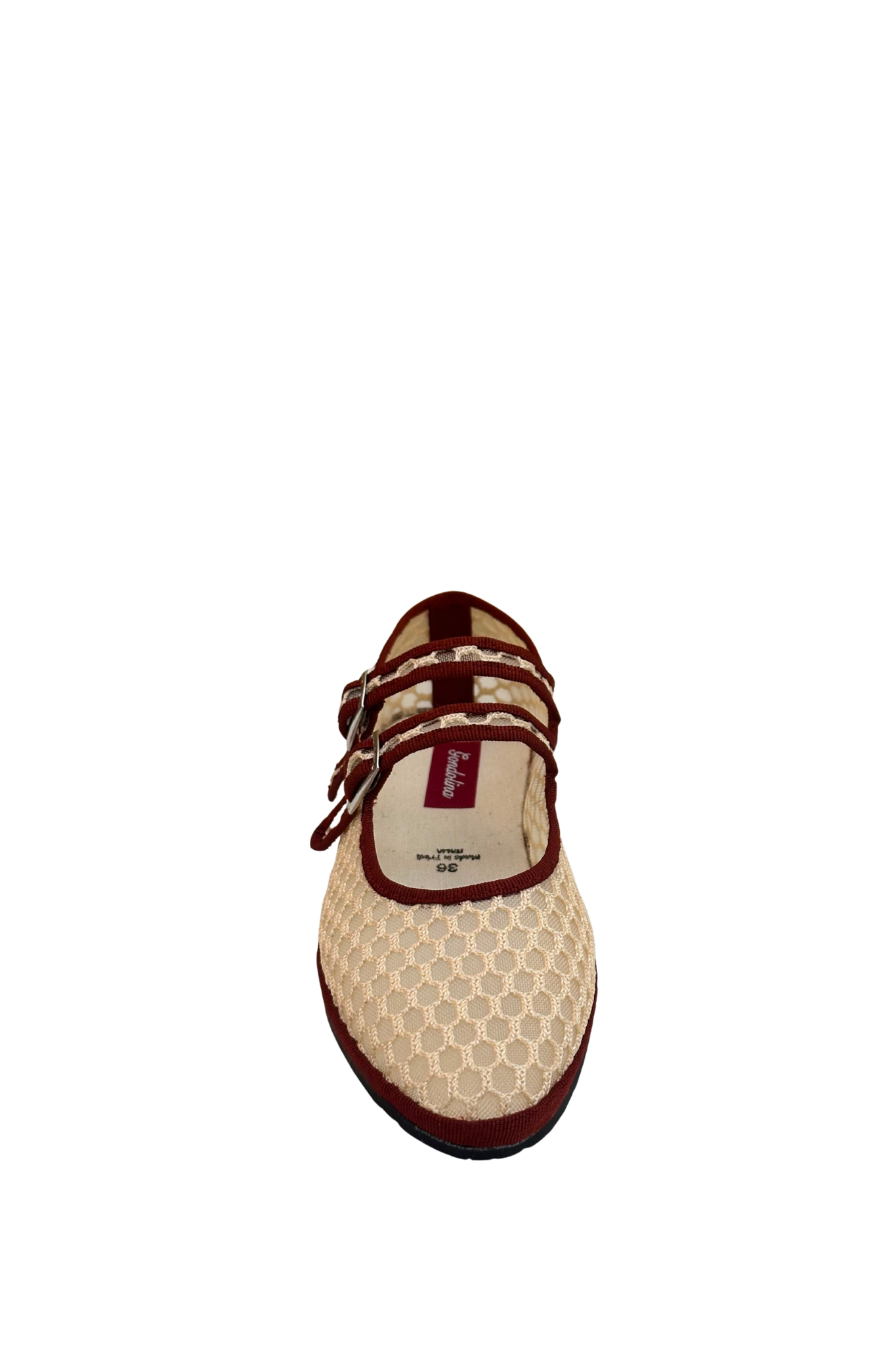 Made in Italy Gondolina mesh Mary Jane shoes in beige and burgundy mesh, front view