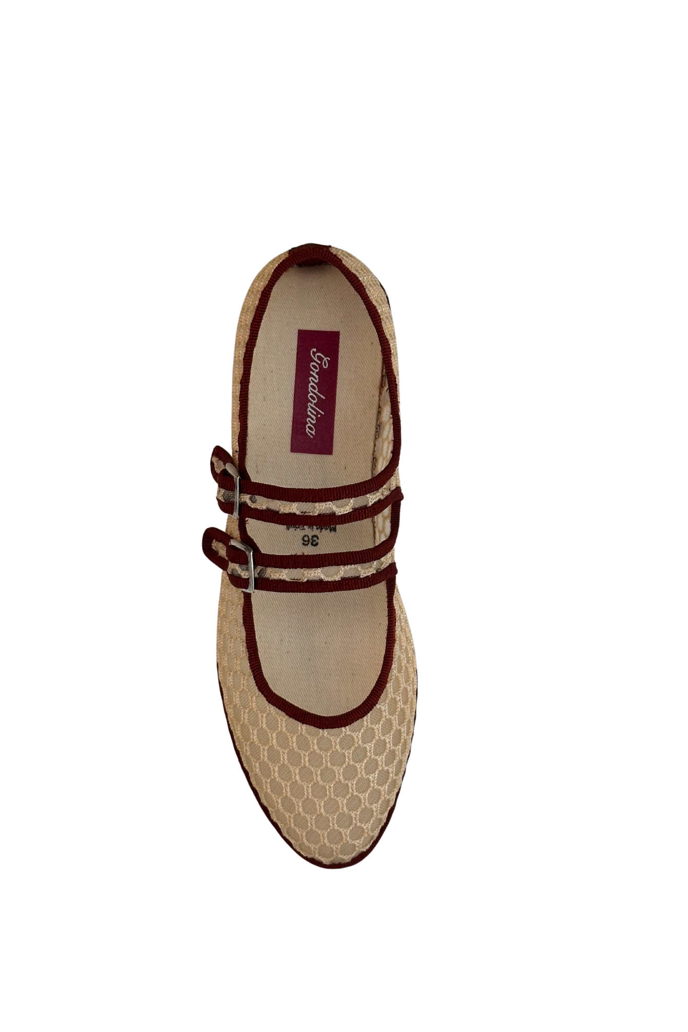 Made in Italy Gondolina mesh Mary Jane shoes in beige and burgundy mesh, top view