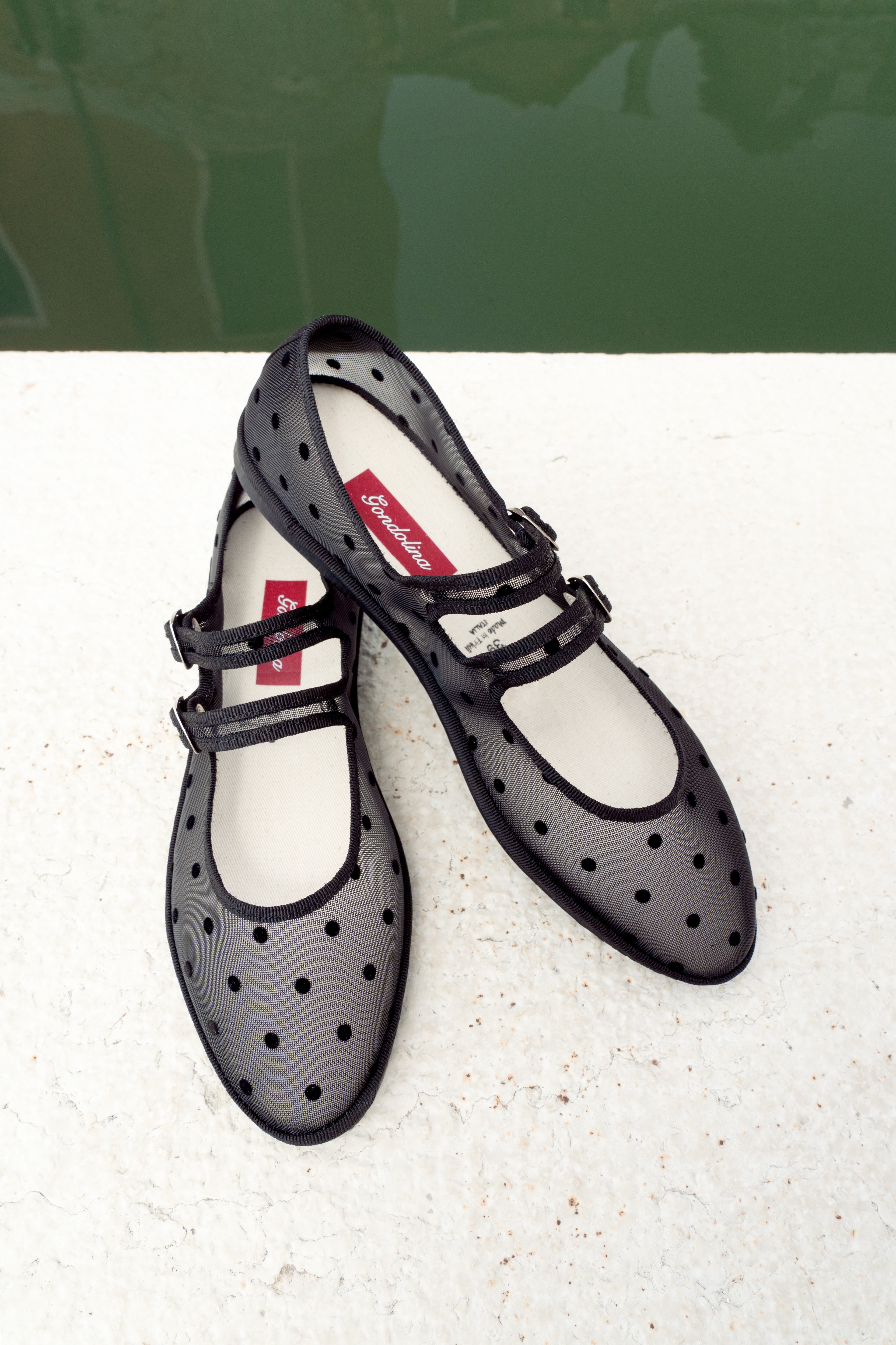 Made in Italy Gondolina mesh Mary Jane shoes in black polka dots, lifestyle
