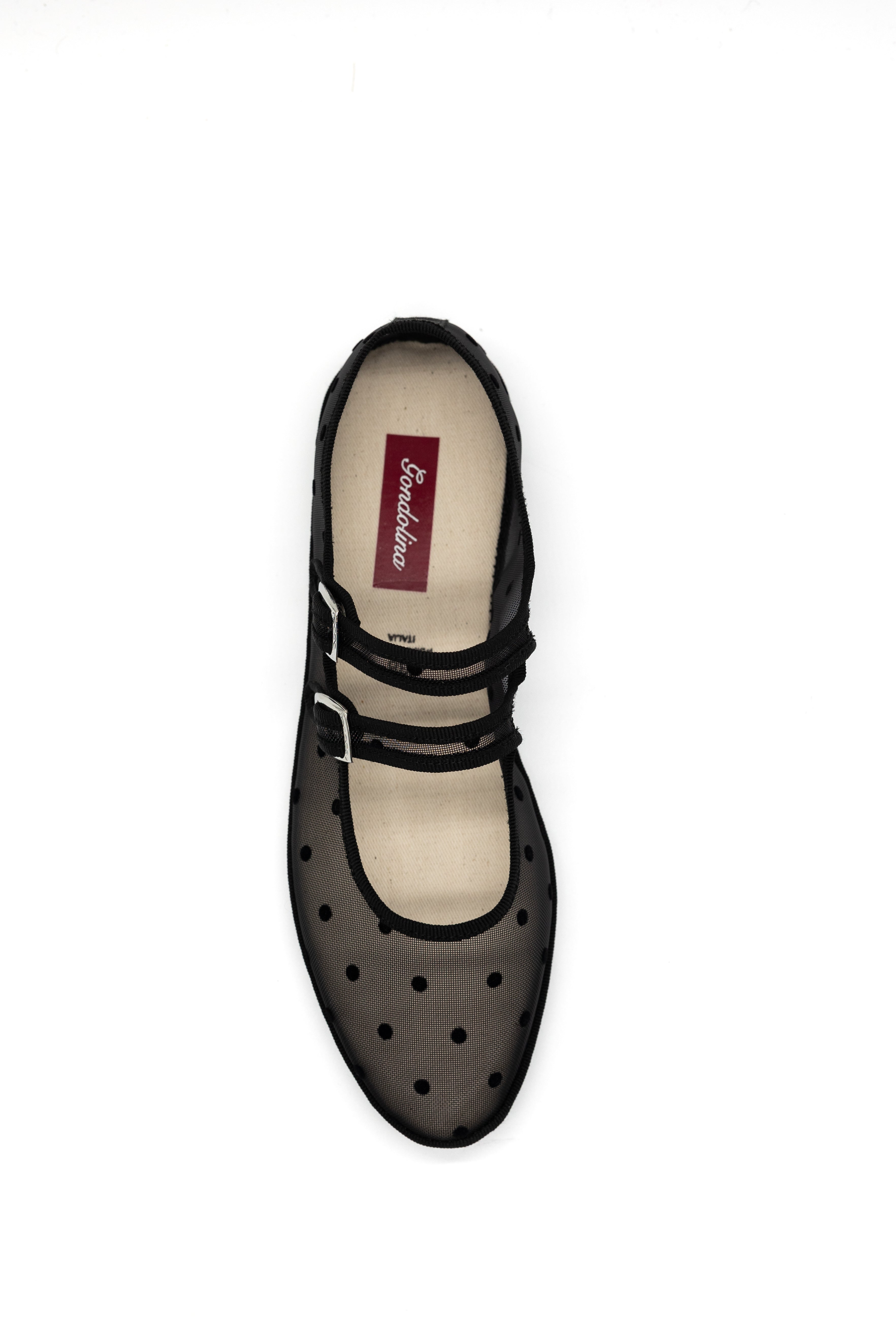 Made in Italy Gondolina mesh Mary Jane shoes in black polka dots, insole