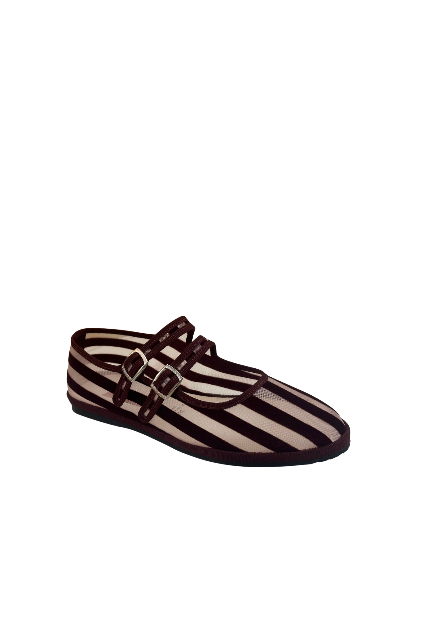 Made in Italy Gondolina Shoes Murazzi Mary Jane mesh in burgundy stripes, angled view