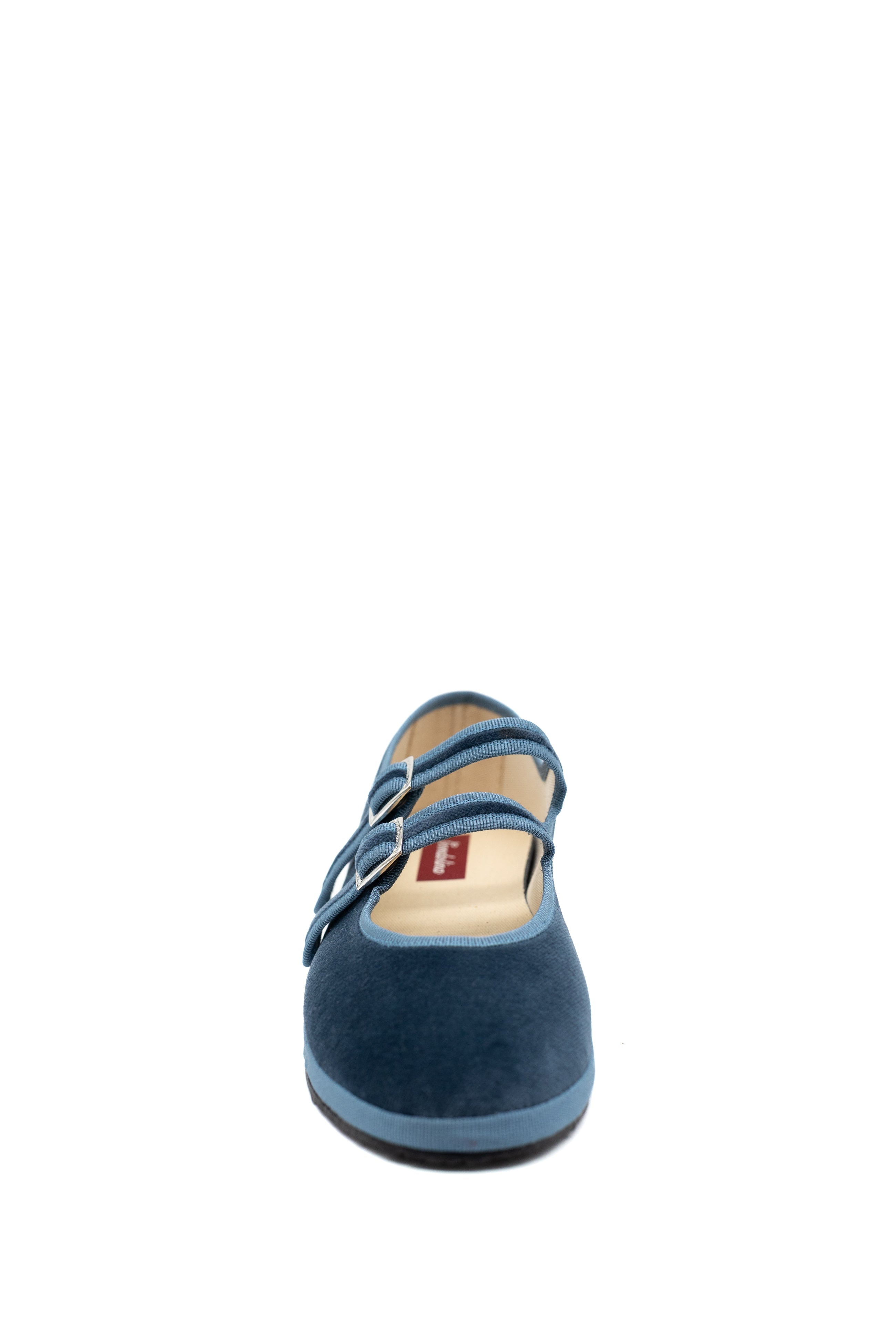 Handcrafted Gondolina Rialto Mary Jane in light blue velvet, featuring authentic Venetian design, front view