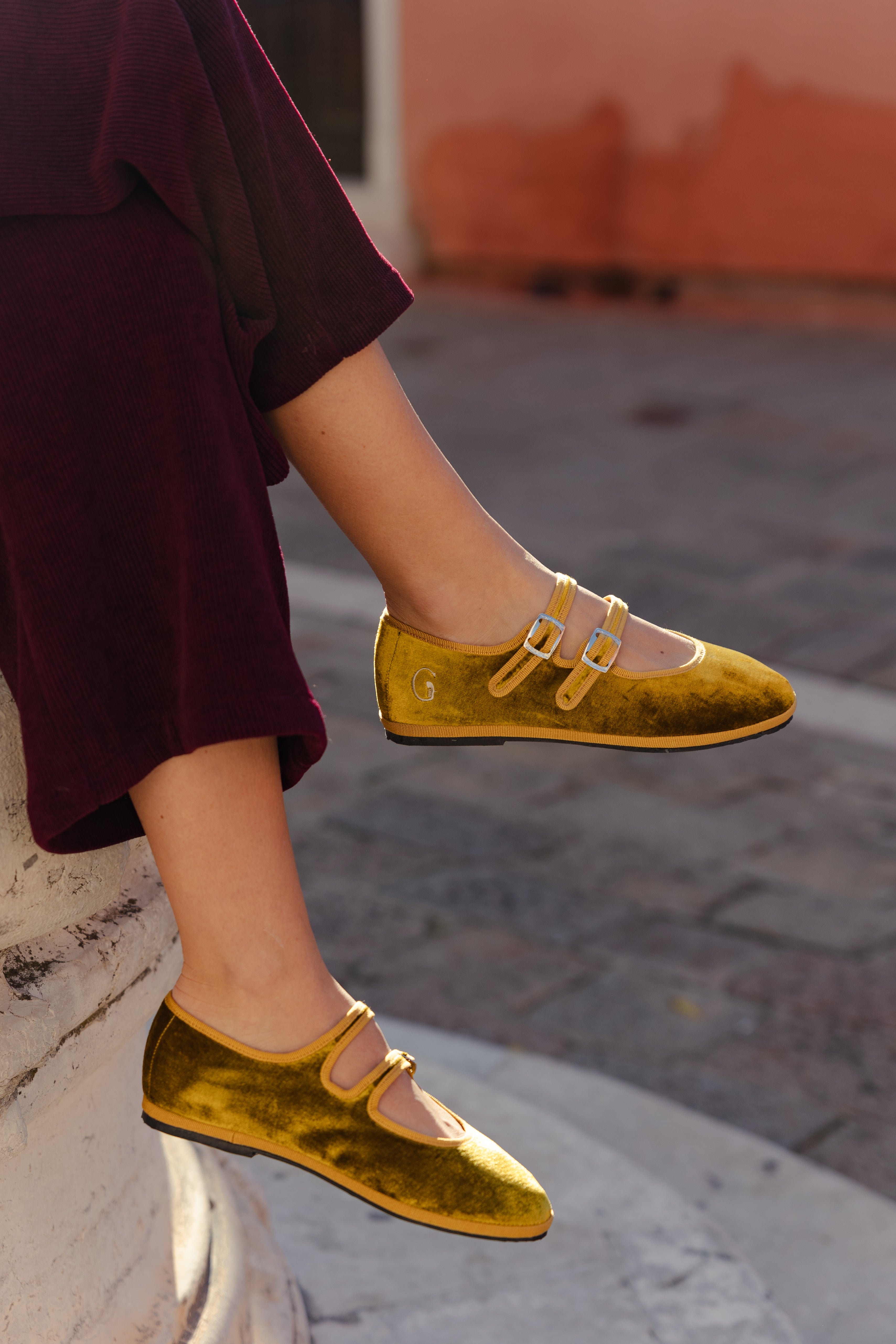 Gondolina Shoes Sospiri Mary Jane in gold yellow silk velvet, lifestyle view