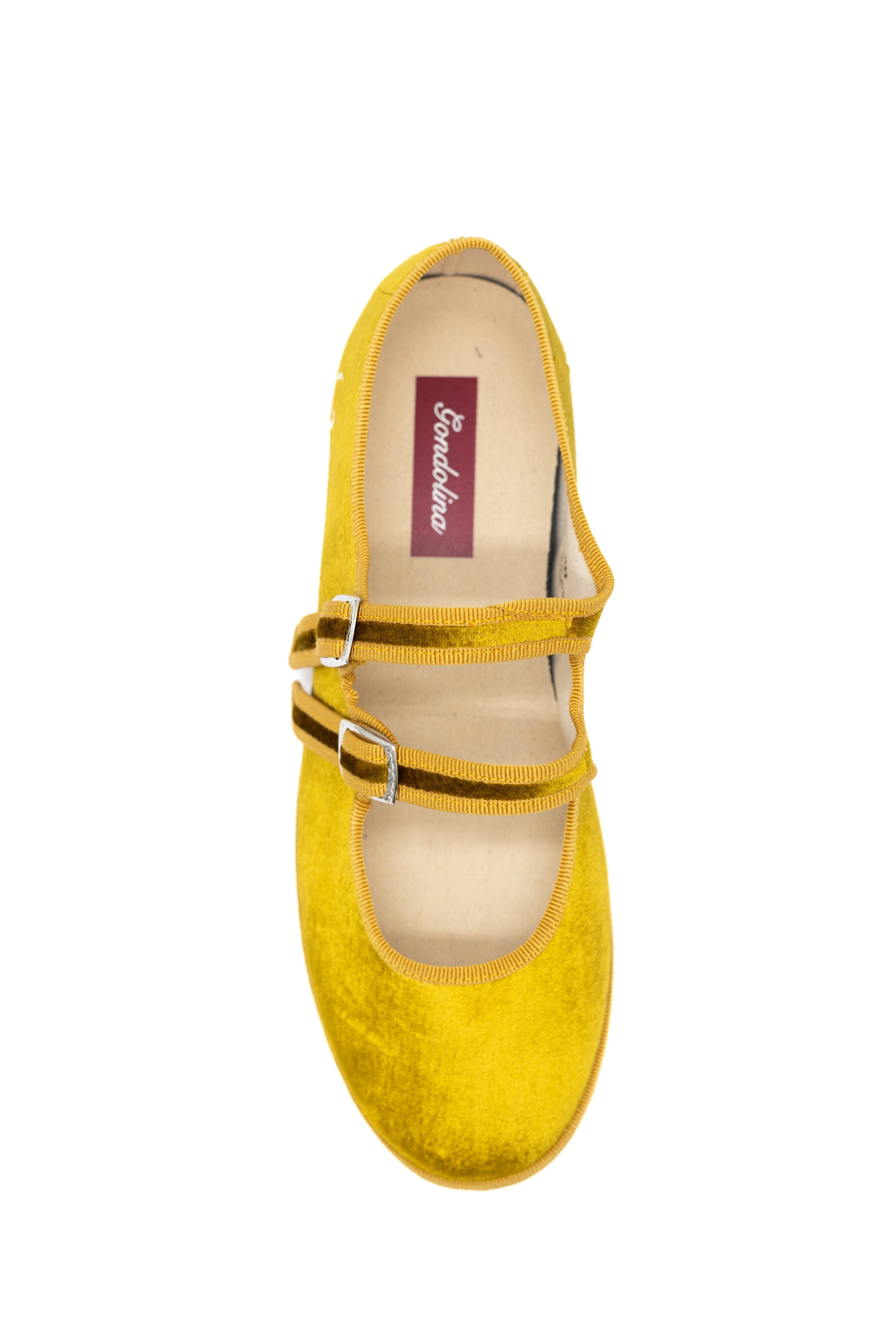 Gondolina Shoes Sospiri Mary Jane in gold yellow silk velvet, top view