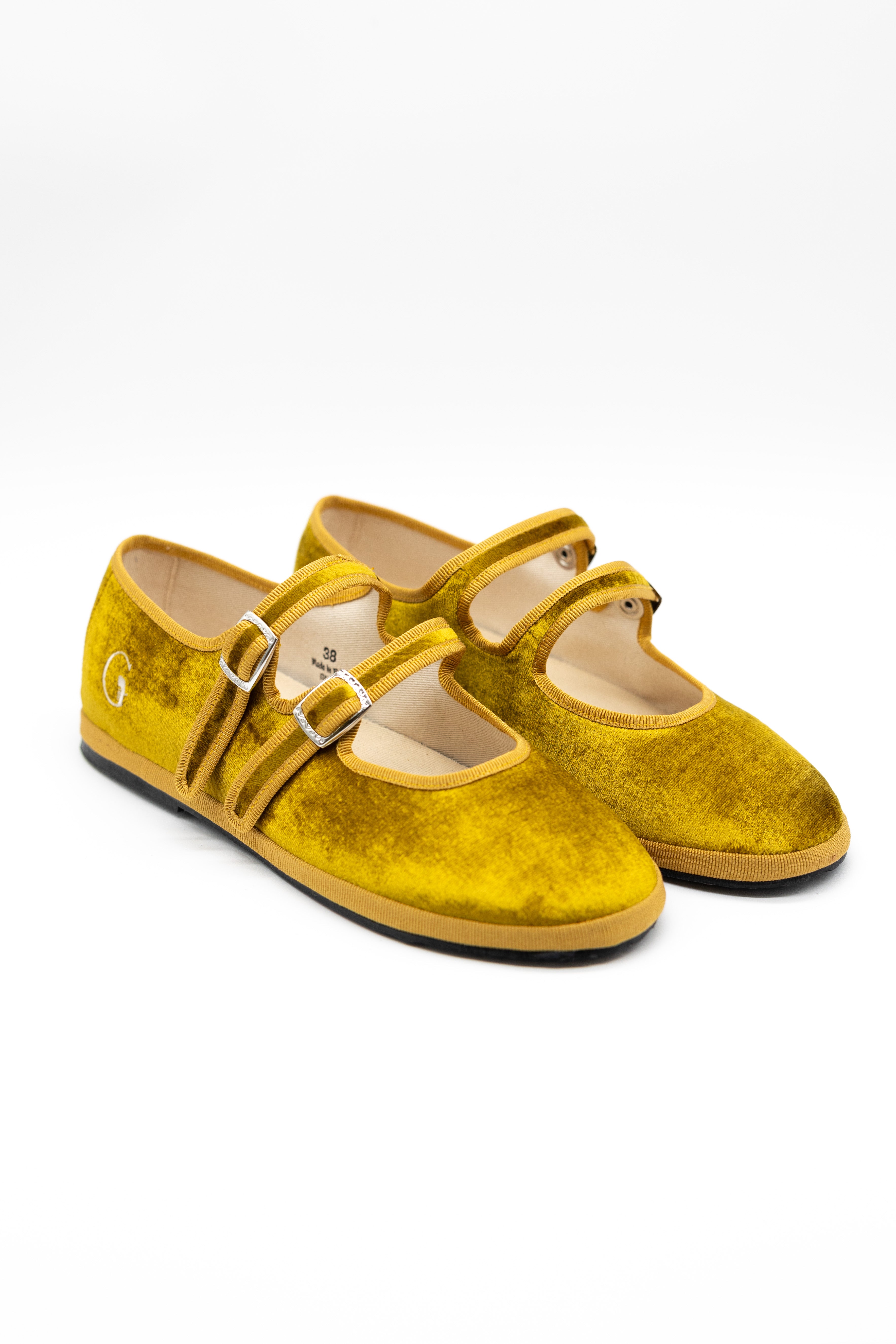 Gondolina Shoes Sospiri Mary Jane in gold yellow silk velvet, product pair view