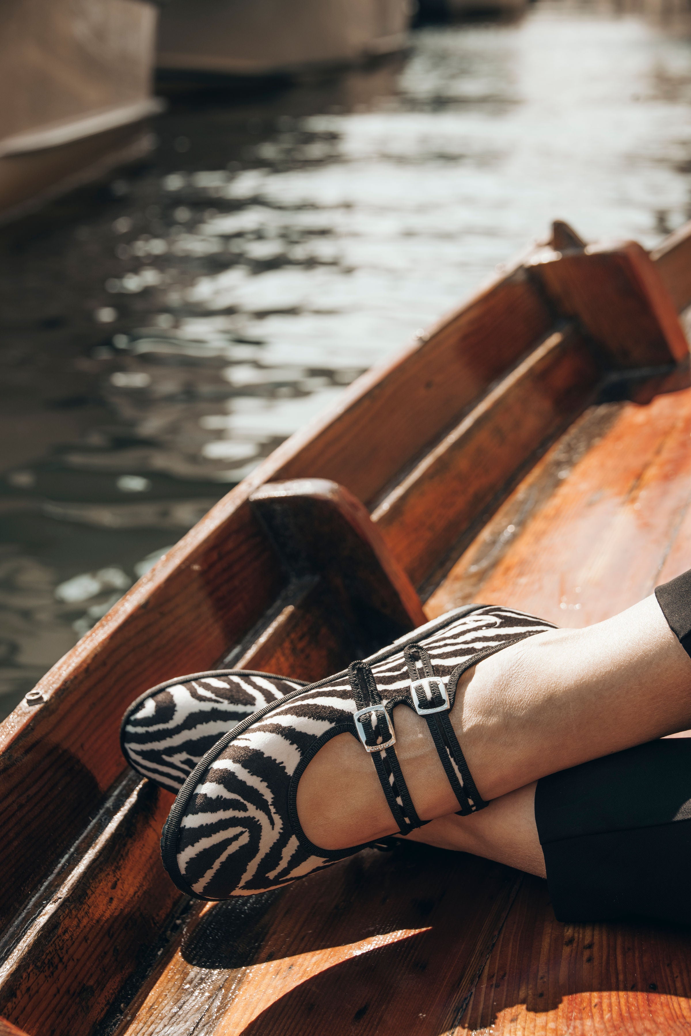 Handcrafted Gondolina Zebra Mary Jane in zebra print velvet for women, featuring authentic Venetian design, close-up