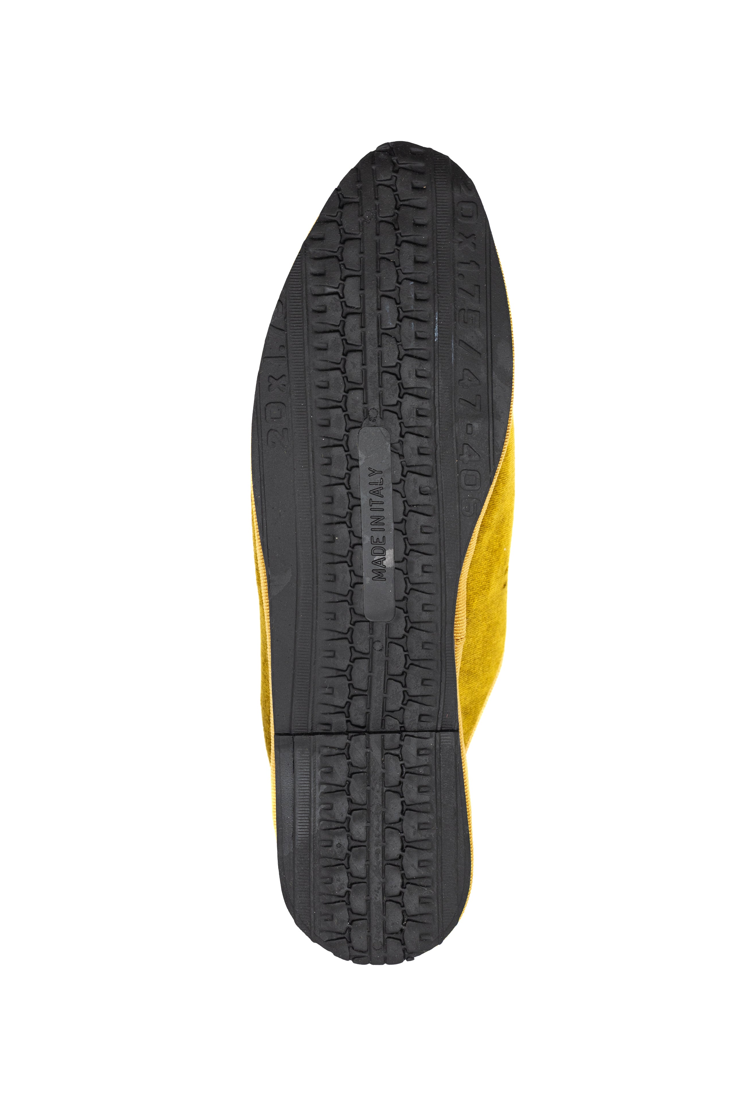 Handcrafted Gondolina Burano Mules in yellow silk velvet, featuring authentic Venetian design, sole detail