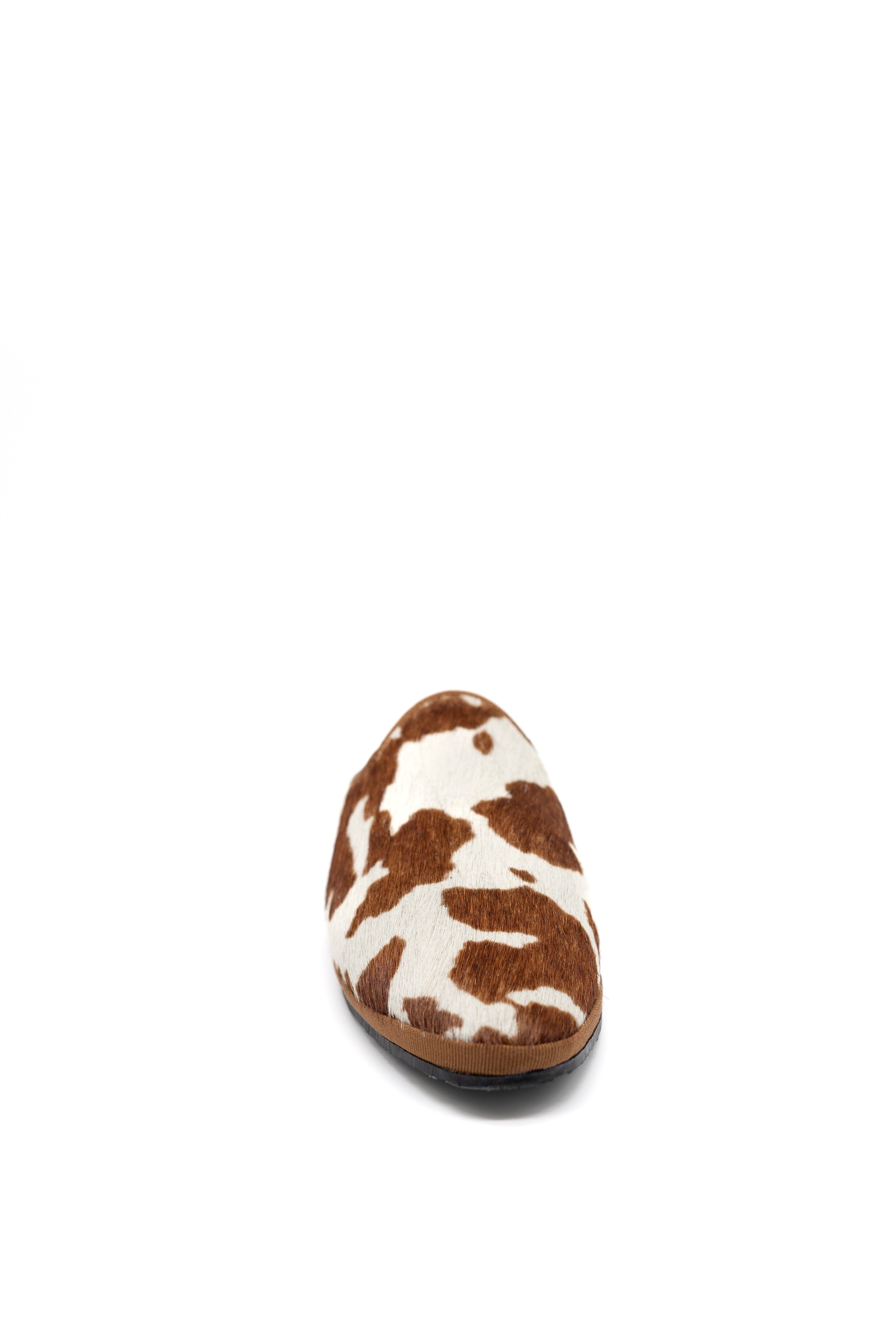Handcrafted Gondolina Mules with cow print, featuring authentic Venetian design, front view