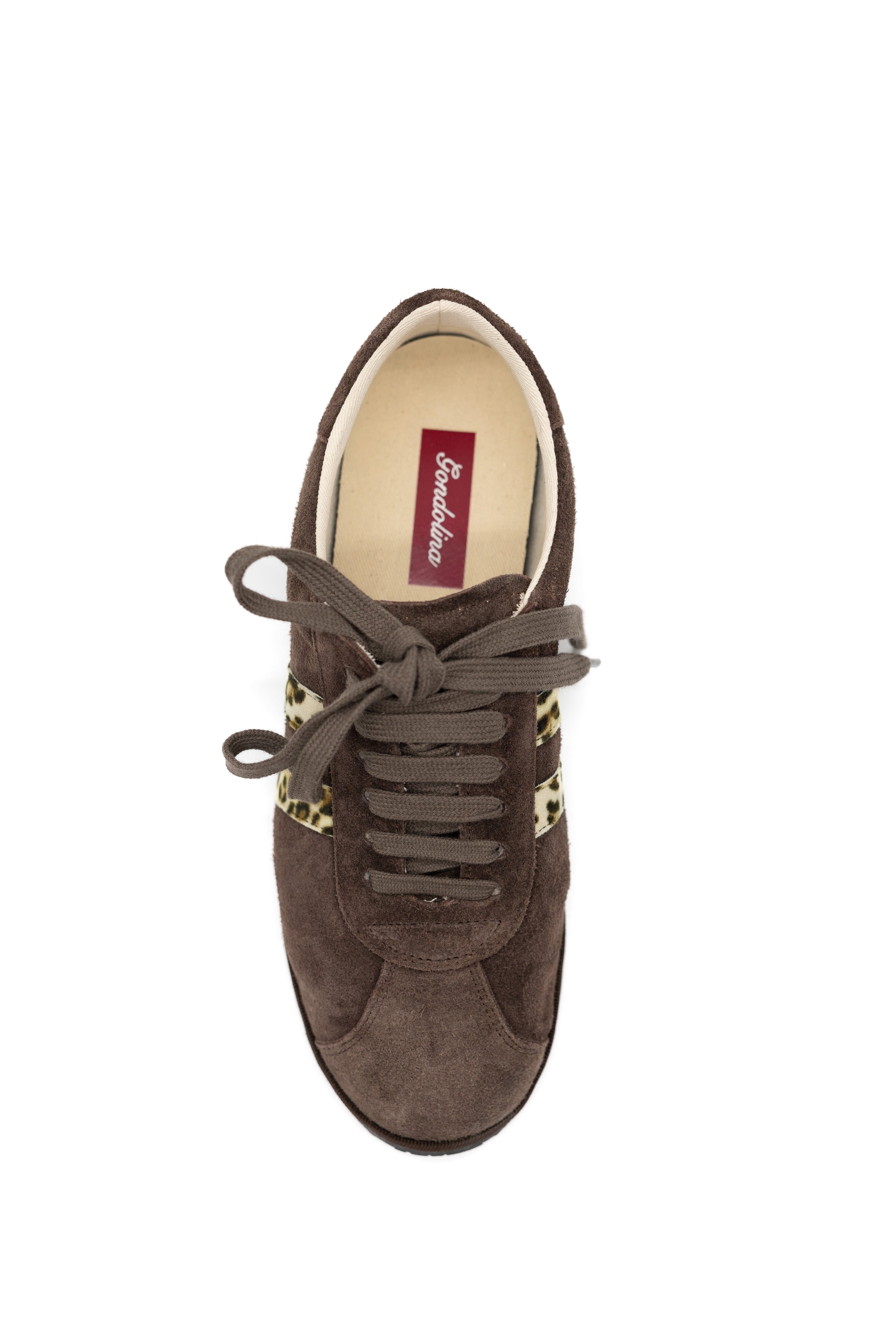 Handcrafted Gondolina Caorlina Sneakers in brown suede and leopard detail, featuring authentic Venetian design, top view